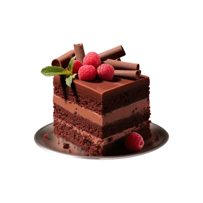 تکههای کیک شکلاتی شیرین و خوشمزه تولید شده با هوش مصنوعی بر روی بشقاب در زمینهای شفاف