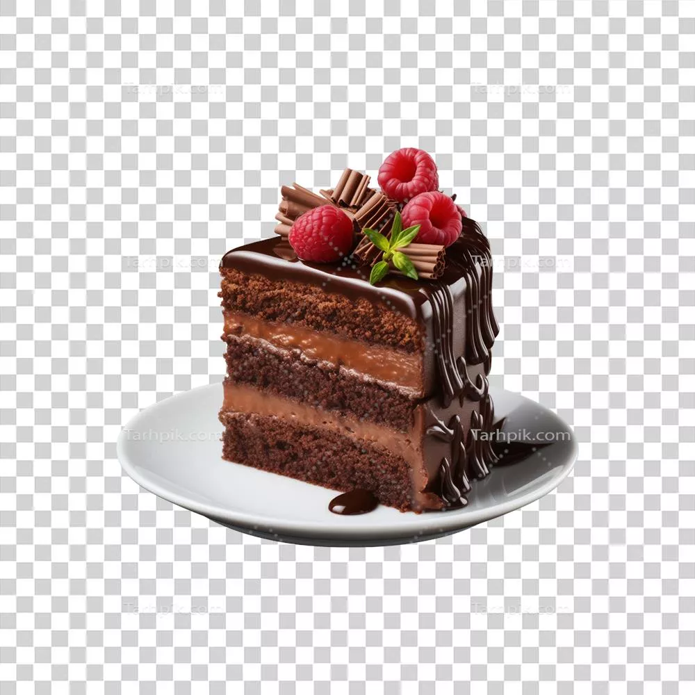کیک شکلاتی شیرین و خوشمزه برشزده تولید شده با هوش مصنوعی روی بشقاب در پسزمینه شفاف