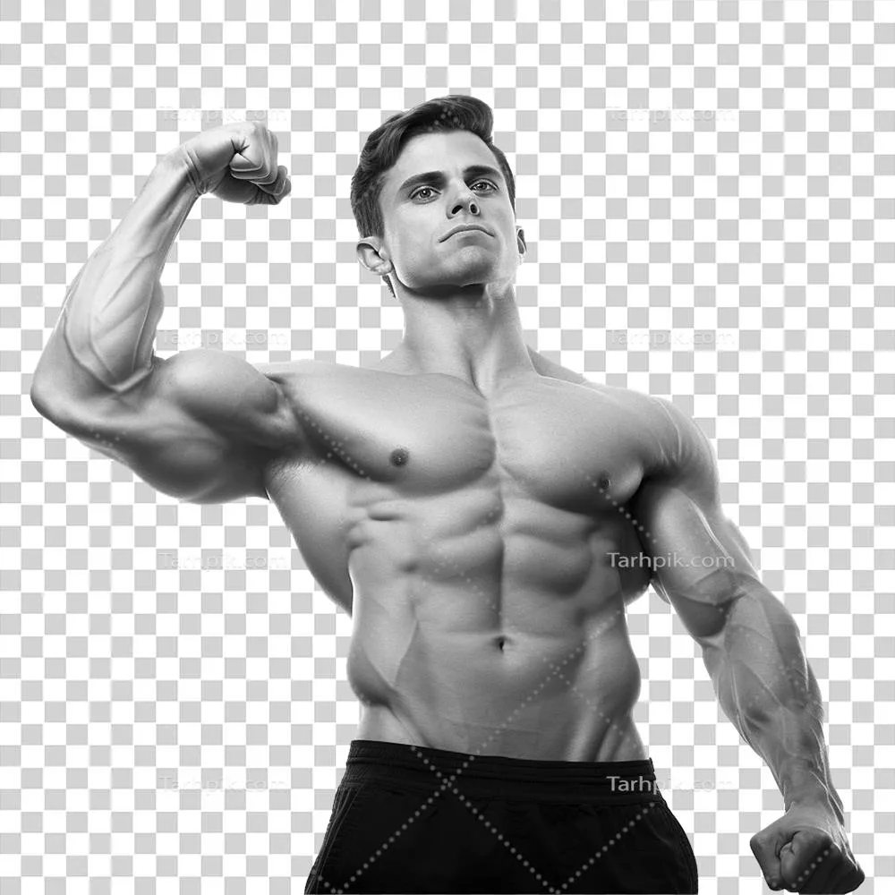 تجسم سازی با هوش مصنوعی: مرد ورزشکاری که بر روی پسزمینه شفاف عضلات خود را به نمایش میگذارد