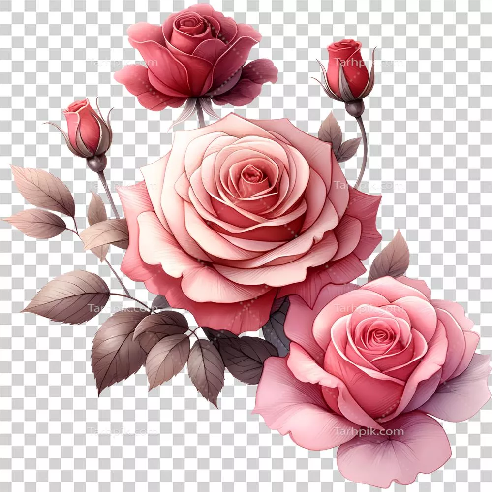 یک گل سرخ زیبا و صورتی با برگها در سبک آبرنگ برای ولنتاین