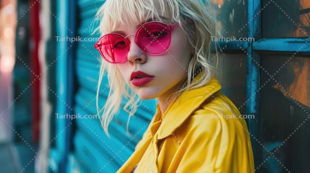 عکاسی پرتره از زن بلوند با عینک آفتابی صورتی روشن و ژاکت زرد