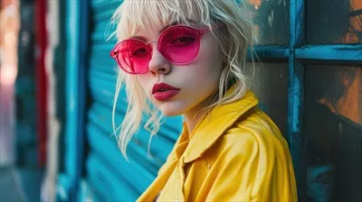 عکاسی پرتره از زن بلوند با عینک آفتابی صورتی روشن و ژاکت زرد