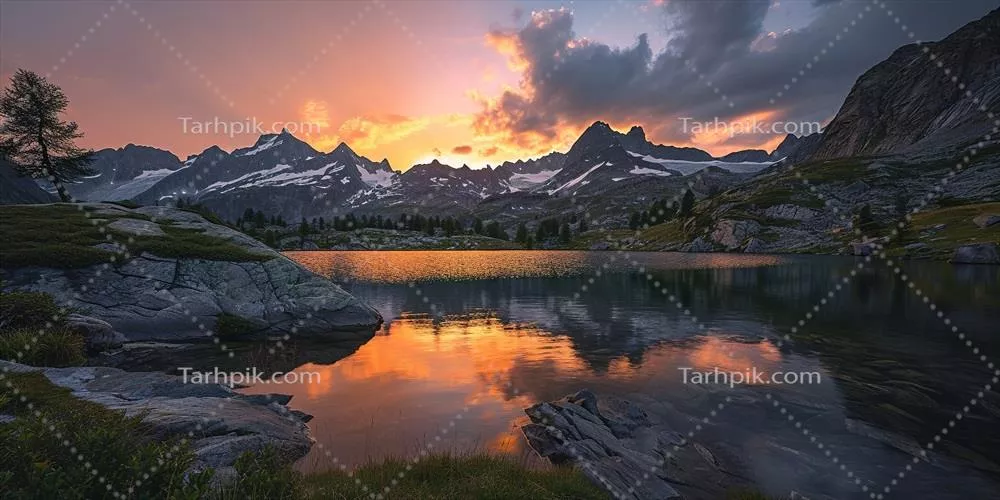 تصویرسازی هوش مصنوعی از رشته کوههای آلپ سوئیس در غروب آفتاب دلربا