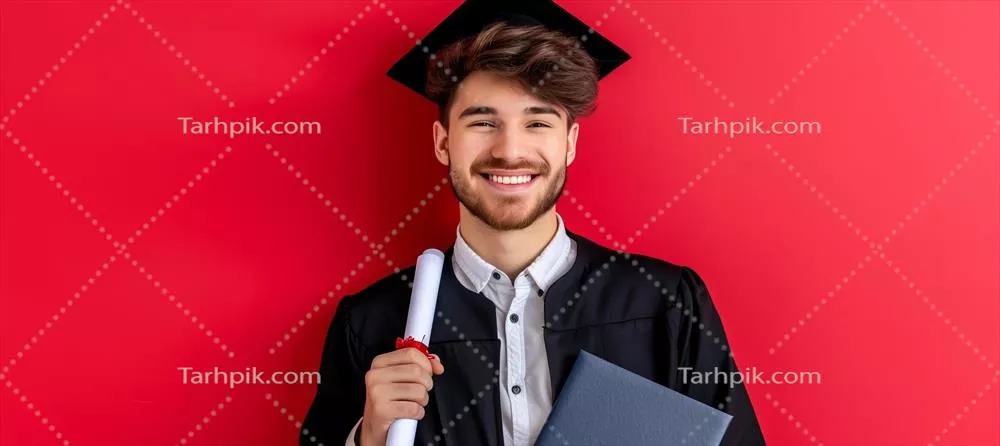 فارغالتحصیل شاد با دیپلم در پسزمینه استودیویی قرمز و فضای مناسب برای نوشتن