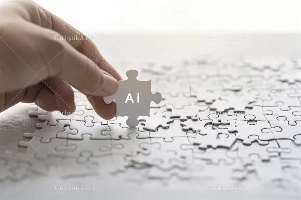 تصویر نزدیک از یک دست که یک قطعه پازل را در دست دارد با متن AI
