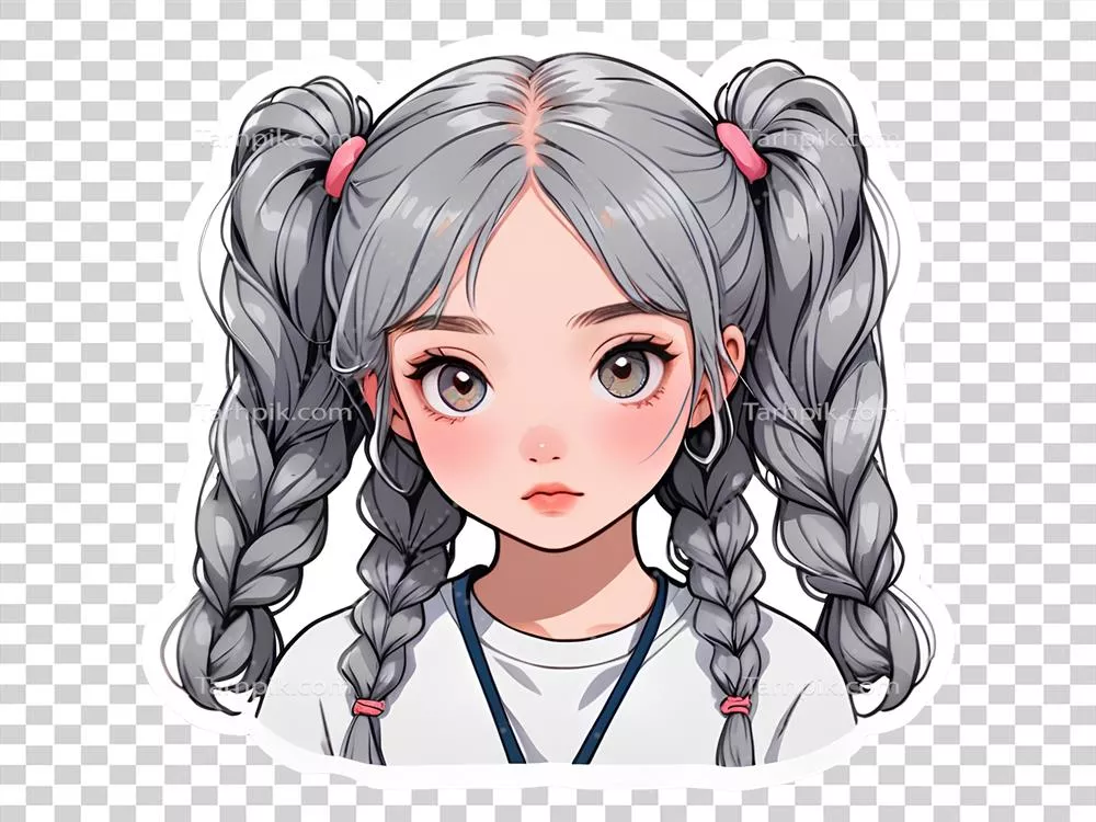 برچسب کارتون زیبا: دختر انیمه با موهای فر خاکستری و چشمان خاکستری