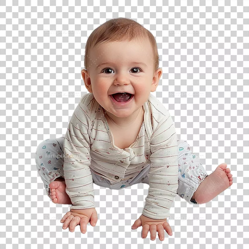 تصویر دیجیتالی نوزاد خندان با پس‌زمینه شفاف برای استفاده در طراحی‌ها و ارائه‌ها
