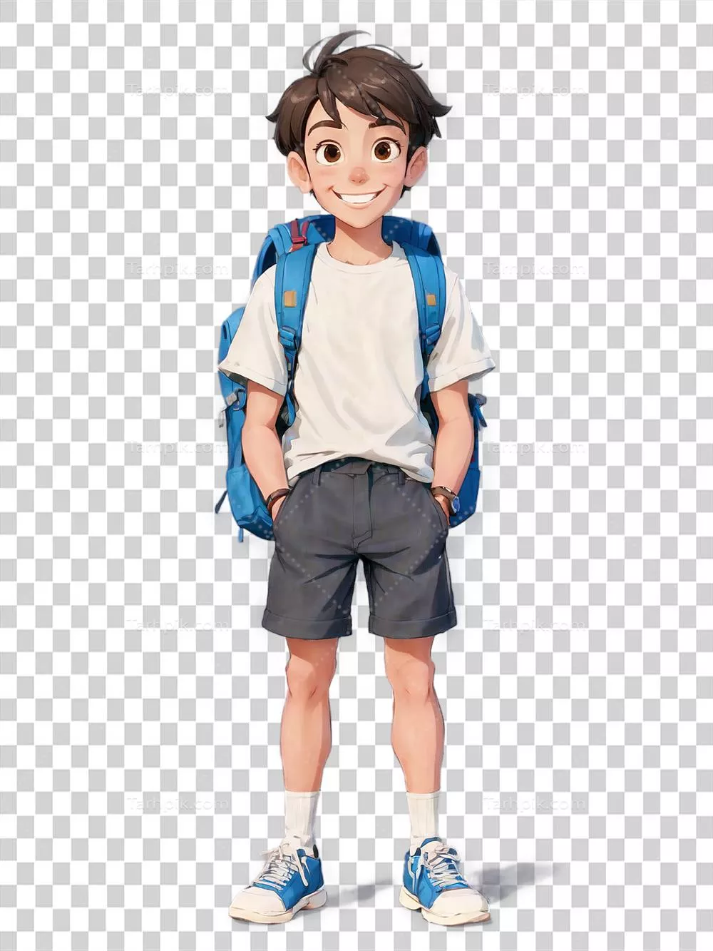 شخصیت کارتونی پسر با لباس غیررسمی و کولهپشتی در پسزمینه شفاف