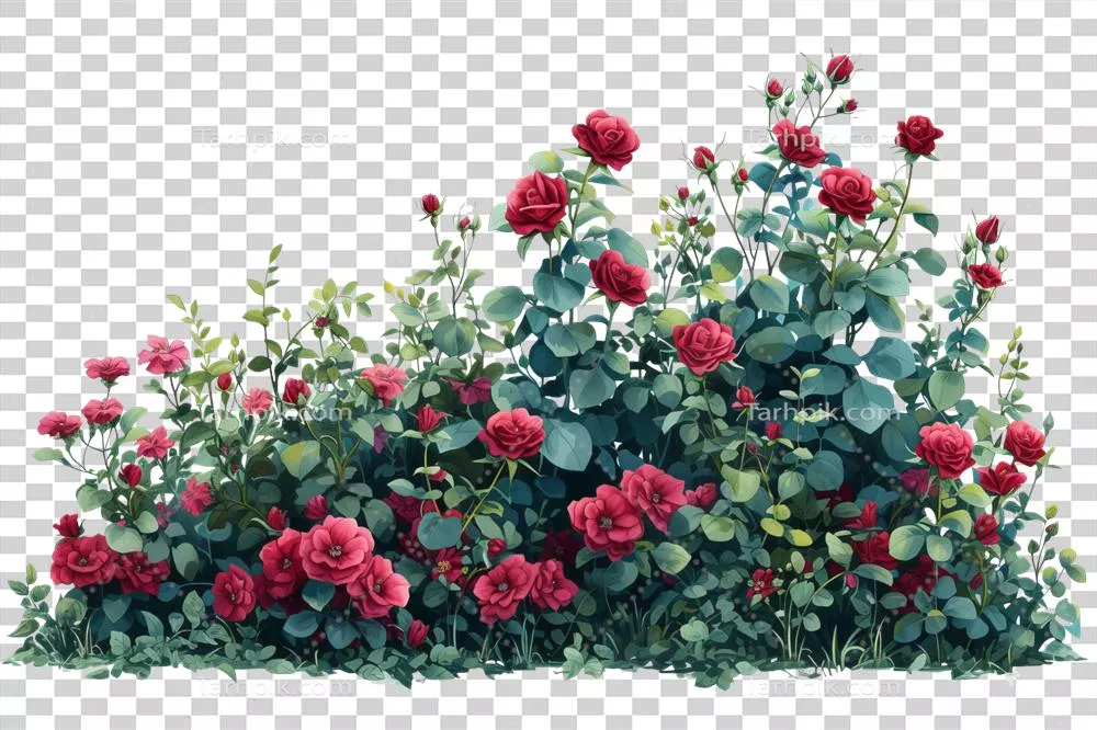 گلهای قرمز و گیاهان برش خورده بر روی پس زمینه شفاف با رندر 3D