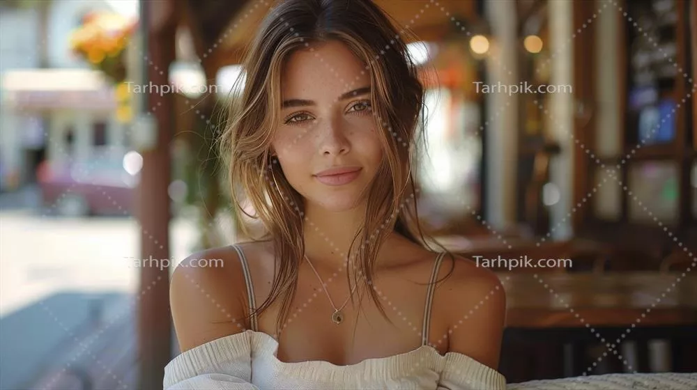 زن جوان ساخته شده با هوش مصنوعی نشسته بر روی نیمکت چوبی در طبیعت