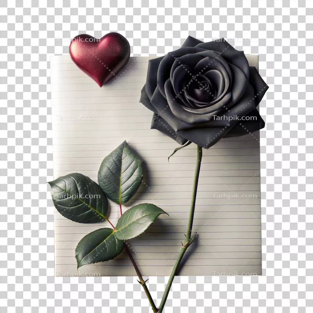 رز سیاه و قلب قرمز بر روی کاغذ خط‌دار که نماد رومنس و رازآلودگی است