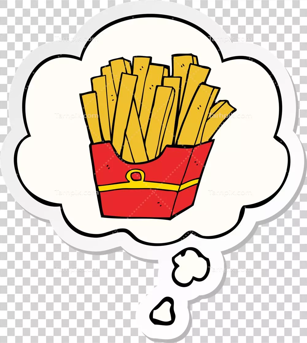 برچسب چاپی سیب زمینی سرخ کرده با حباب فکر و کارتون جذاب