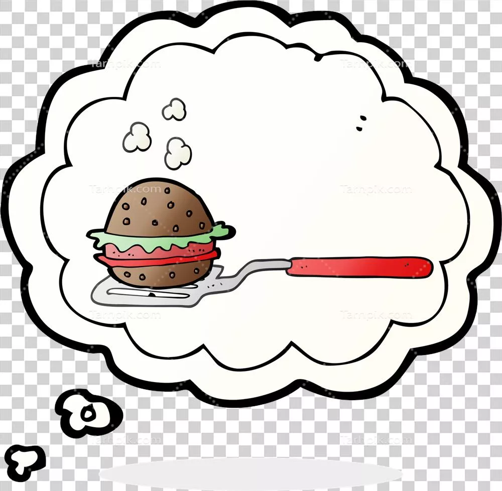 تصویر دست‌کشیده حباب فکر با کاریکاتور اسپاچولا و همبرگر