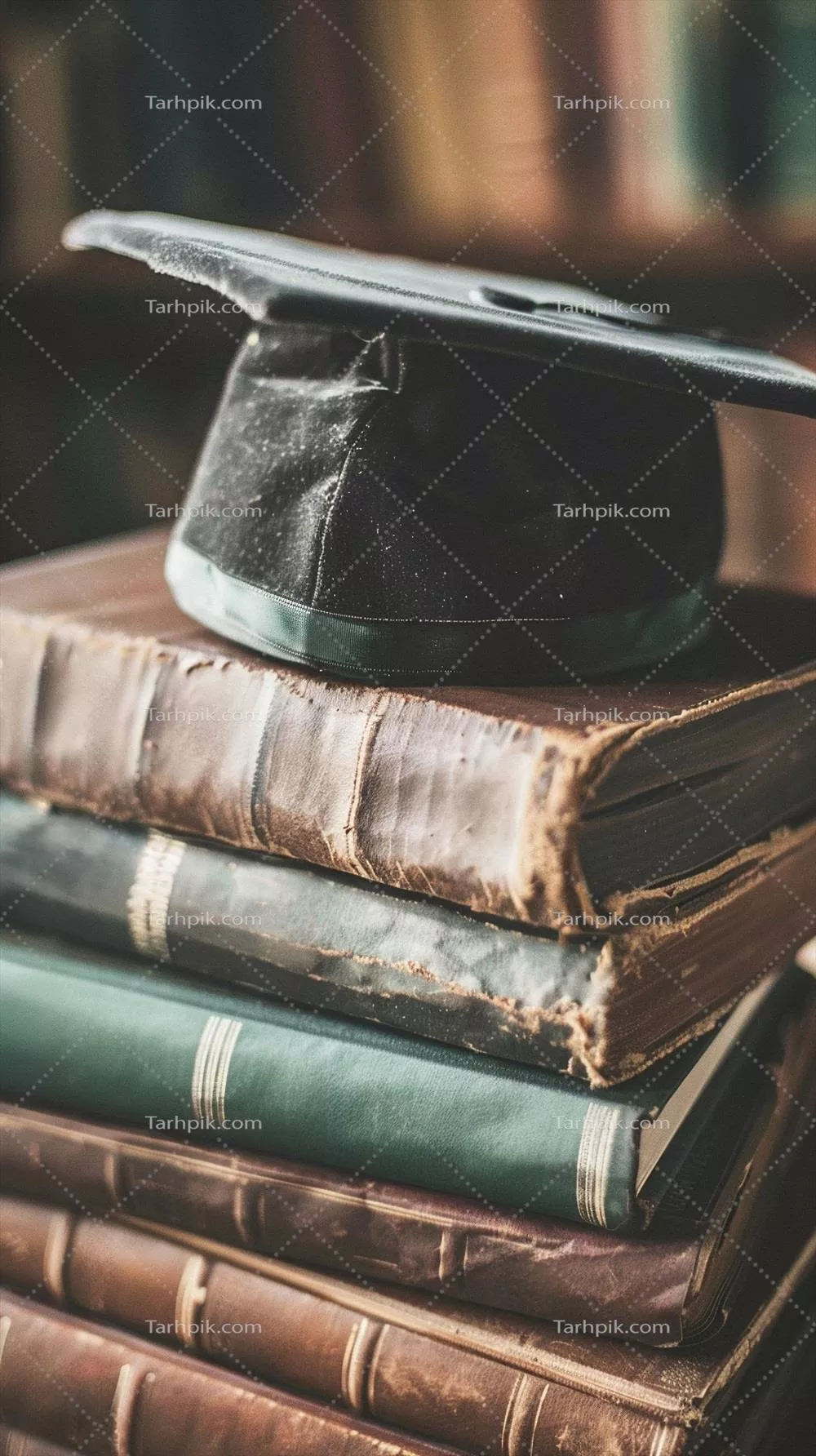 کلاه فارغ التحصیلی بر روی کتاب های انبوه؛ نمادی از دانش و آموزش