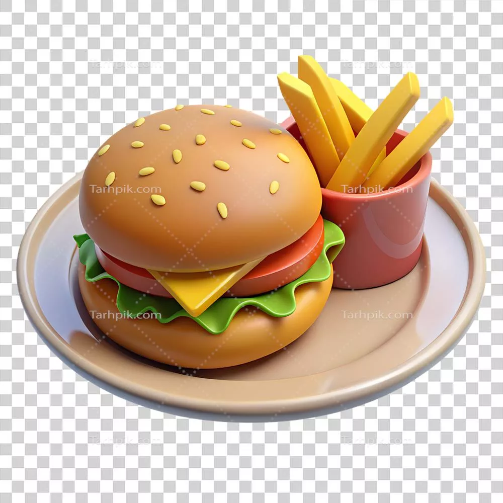 رندر سه‌بعدی از یک همبرگر کلاسیک و سیب‌زمینی سرخ‌کرده در بشقاب