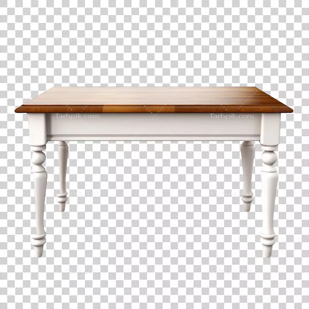 میز چوبی قدیمی با طراحی منحصر به فرد بر روی پس‌زمینه شفاف