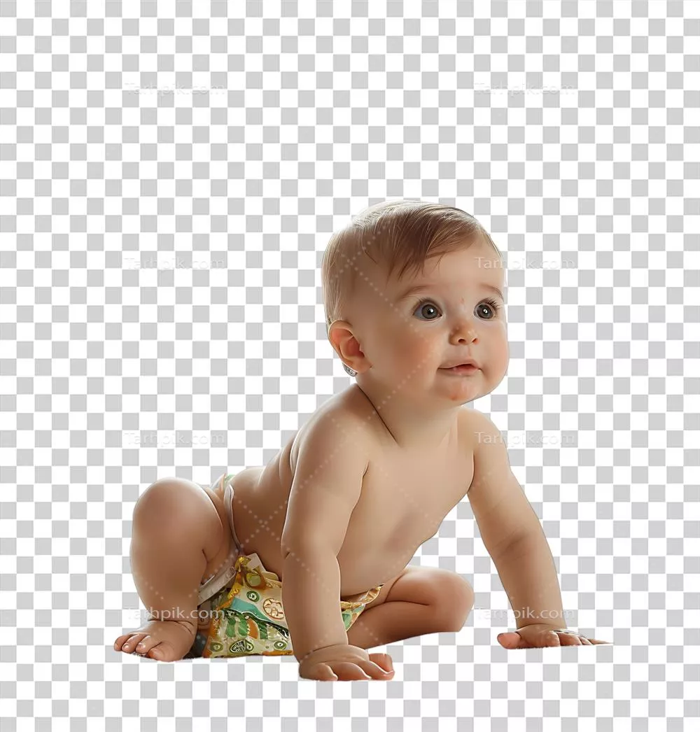 عکس نوزاد بامزه در پوشک با پس‌زمینه شفاف و ایزوله