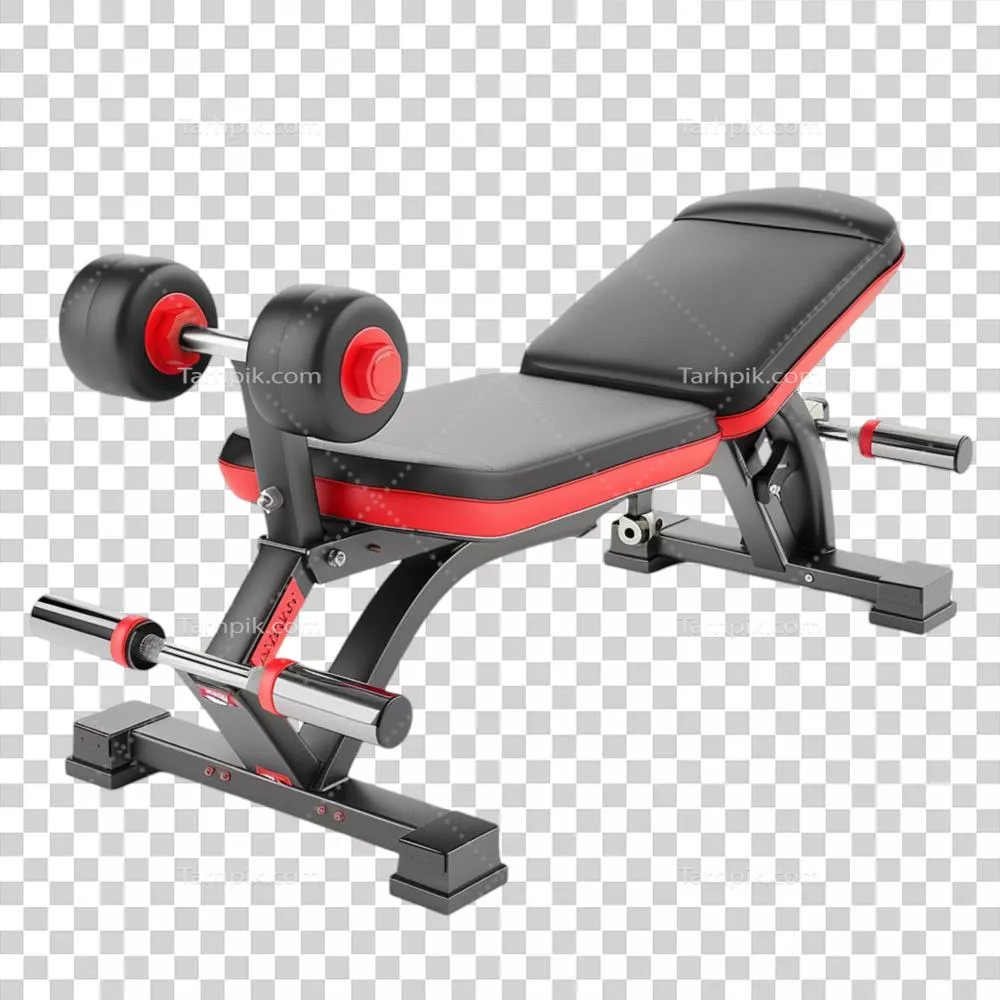 صندلی ورزشی مشکی و قرمز با وزنهها برای تمرینات قدرتی