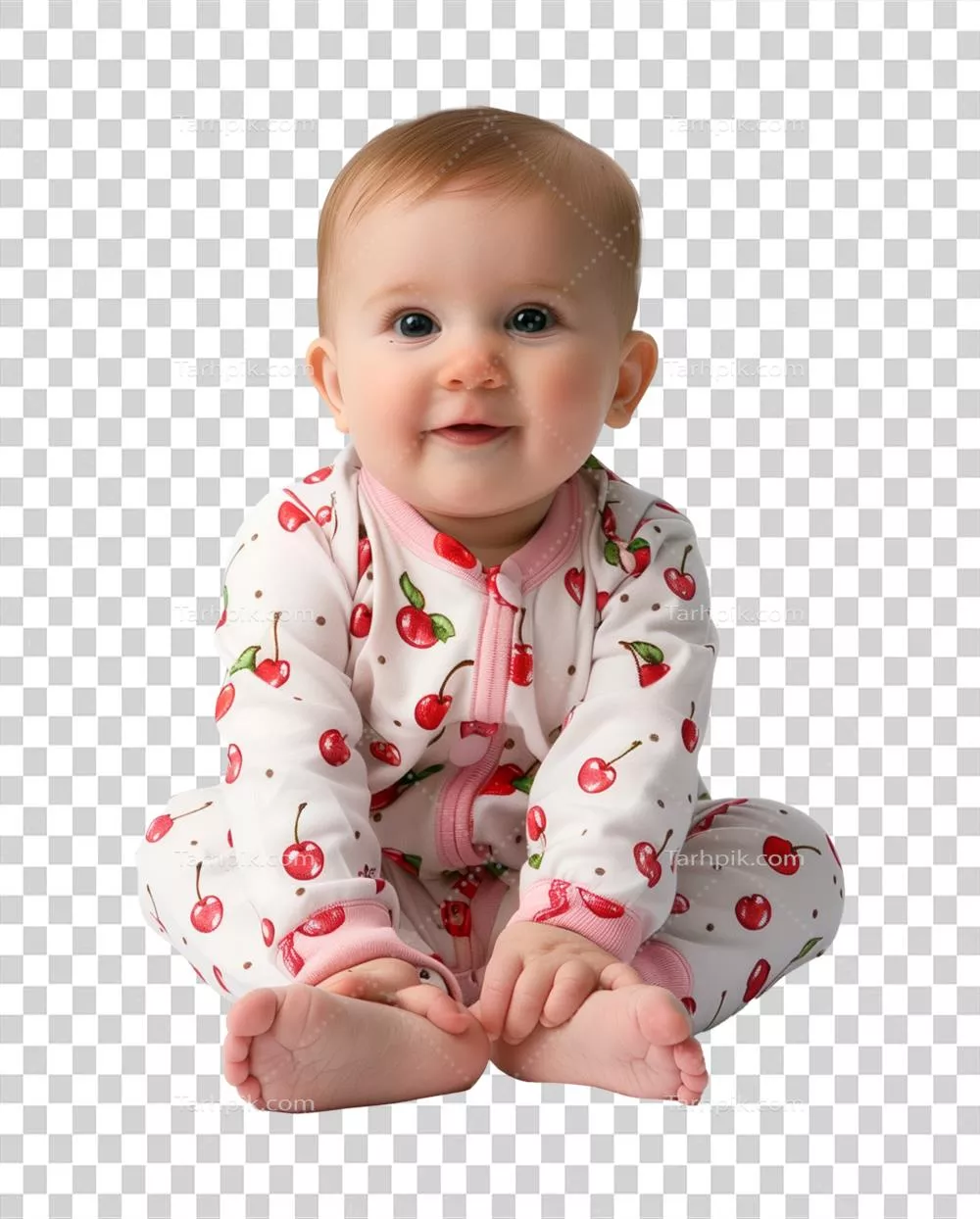 تصویر جذاب نوزاد در پیژامه خاکستری با چاپ گل گیلاس بر روی پس‌زمینه شفاف