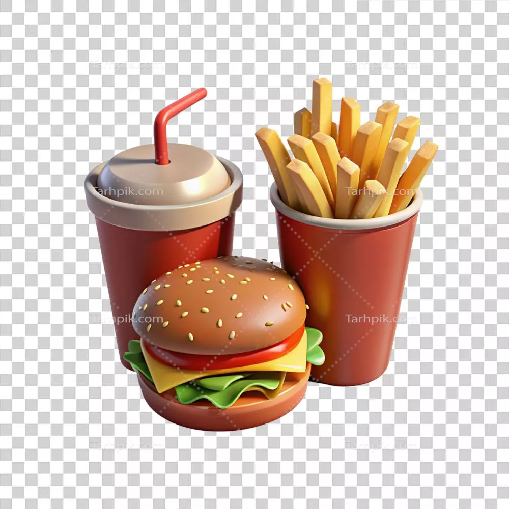 بروزرسانی سال 2023: همبرگر و سیب‌زمینی سرخ‌کرده سریع و خوشمزه بر روی پس‌زمینه سفید