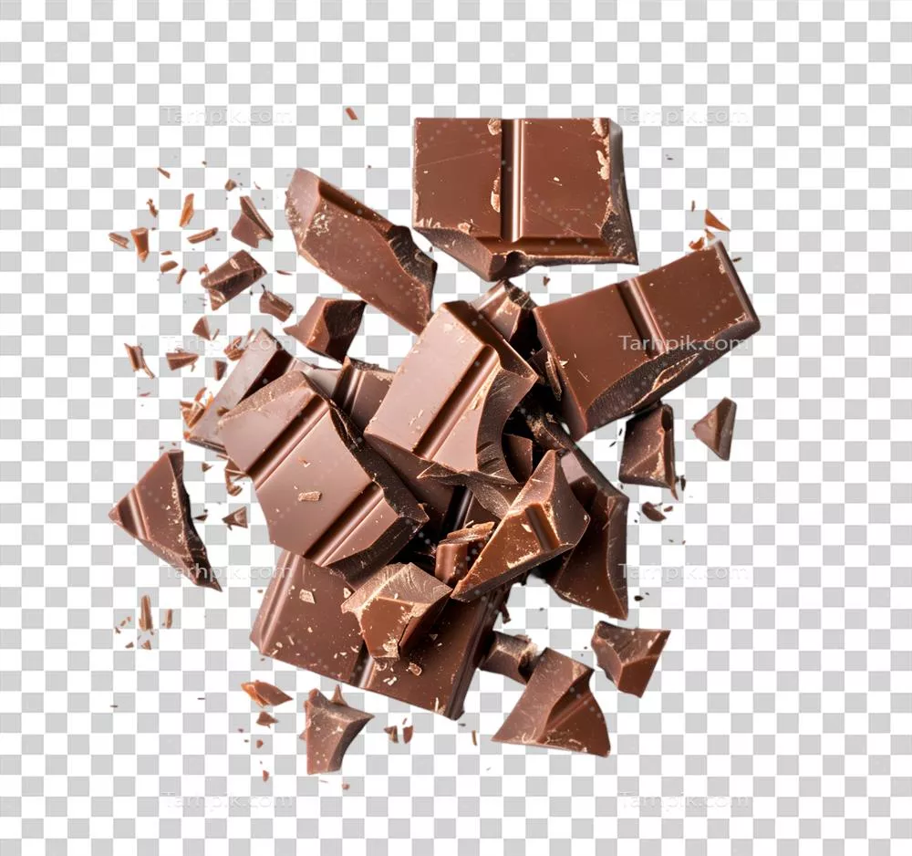 تکههای شکلاتی منفجر شده روی پسزمینه شفاف