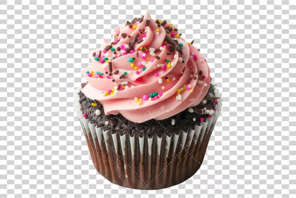 کاپ کیک شکلاتی خوشمزه با خمیر صورتی و تزیینات رنگارنگ