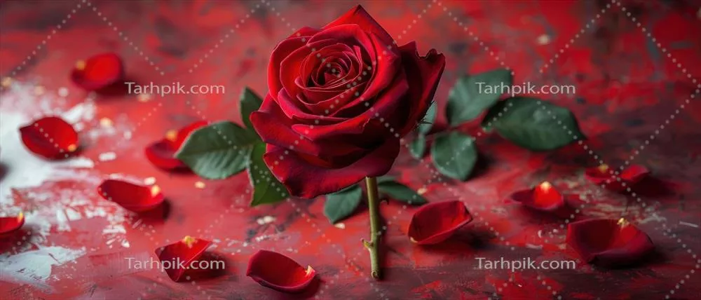 گل سرخ زیبا با گلبرگ‌ها بر روی پس‌زمینه هنری قرمز؛ نماد عشق و رومنس