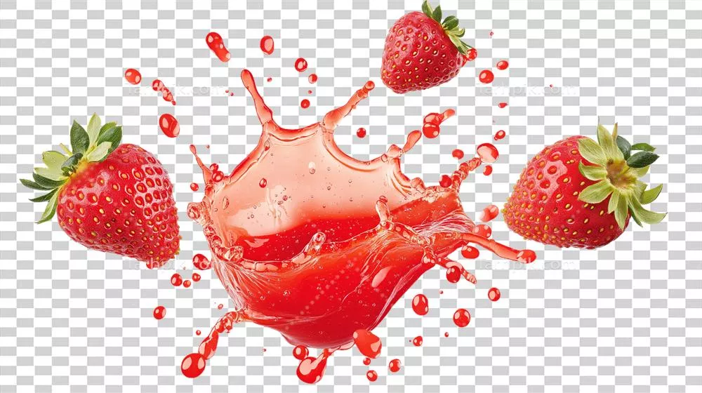 توت فرنگیهای رسیده و آبمیوه در حال پاشش به صورت متحرک