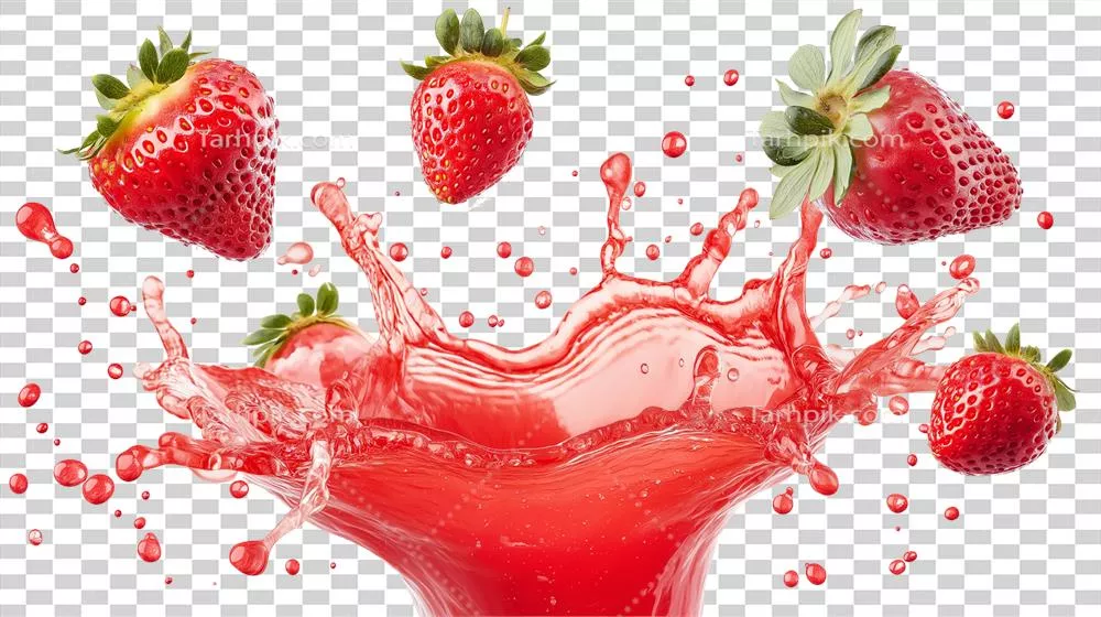 توت‌فرنگی‌های تازه در حال پاشیدن در آب‌میوه قرمز