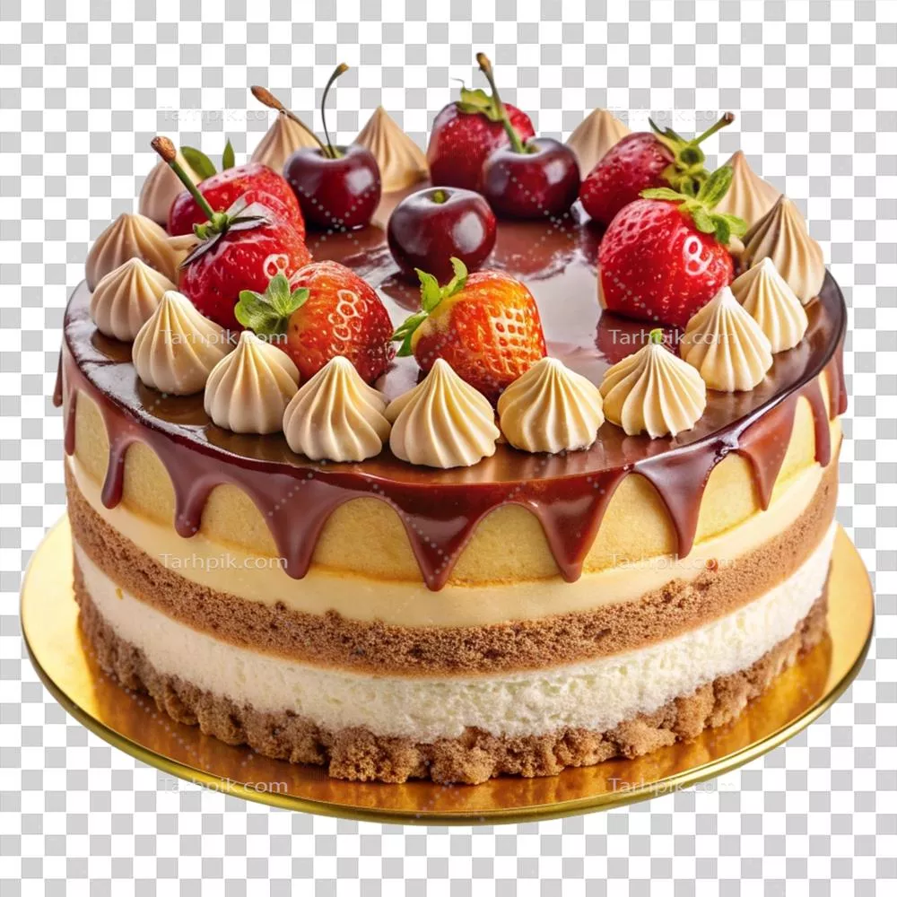 کیک خوشمزه توت فرنگی و آلبالو با سس شکلاتی بی نظیر