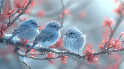پرندگان نشسته بر سر شاخه درخت با برف و گلهای شکوفا - تصویر محیطی بهاری واقعی