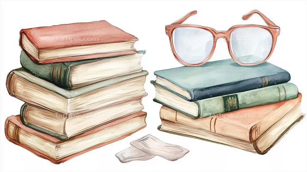 کتابی رنگارنگ روی هم انباشته شده همراه با عینک مطالعه و نشانگر در پسزمینه سفید - انتخابی مناسب برای عاشقان ادبیات و موضوعات آموزشی