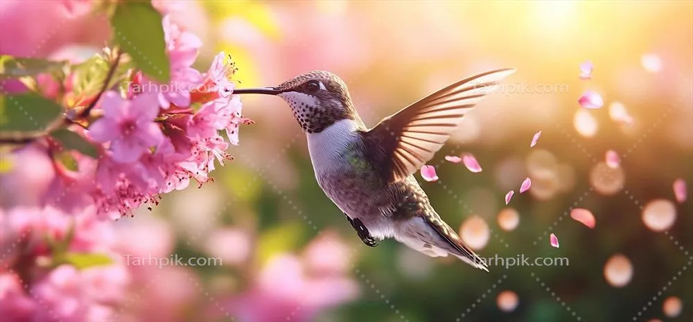 پشت زمینه زیبای پرنده هومینگبرد در بهار با گلهای صورتی