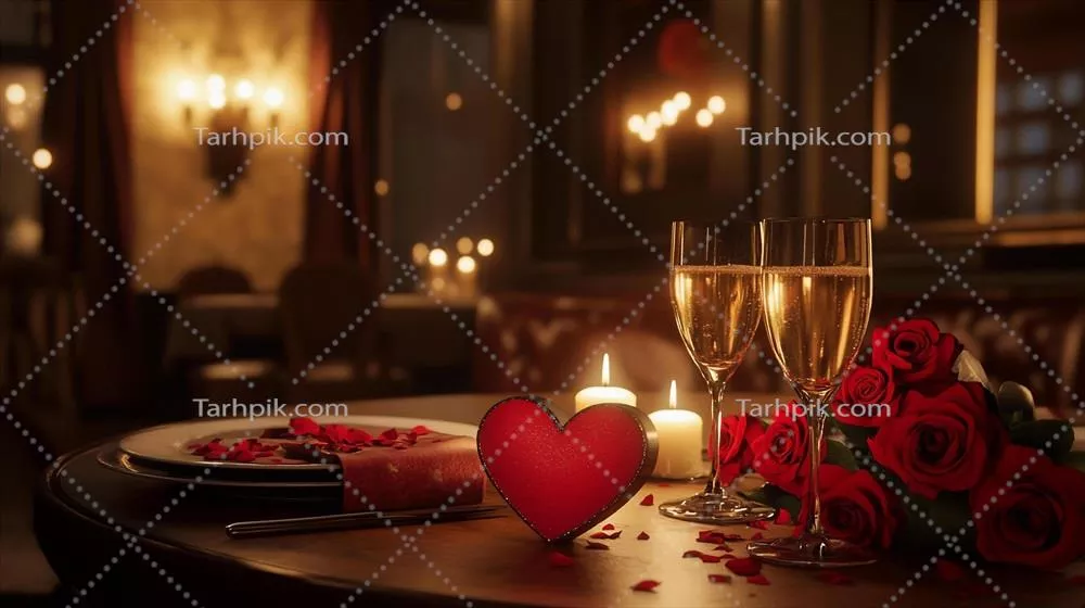 شام والنتاین رمانتیک با گلابیهای قرمز، شمع و شراب درخشان برای یک شب عاشقانه