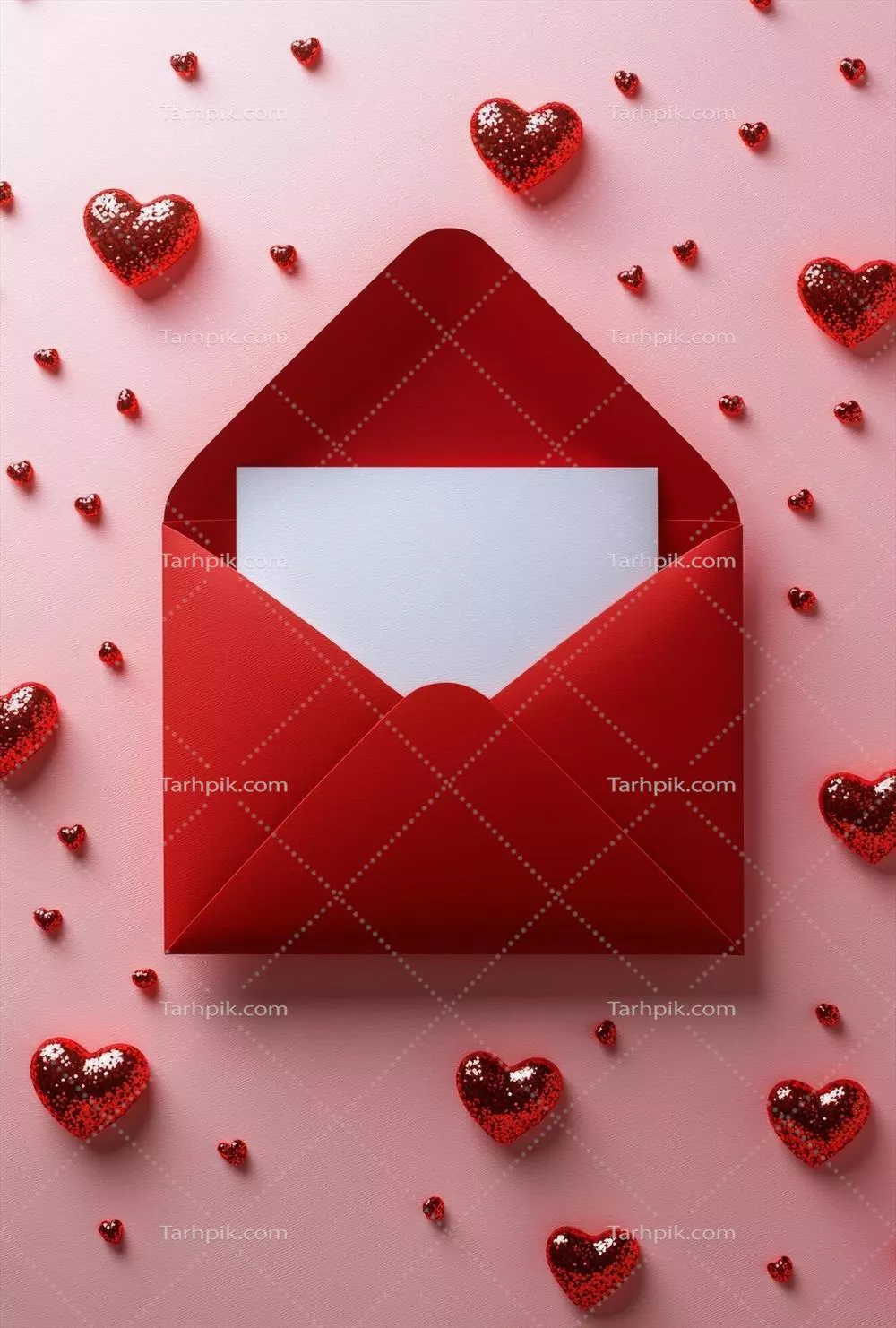 نامه عاشقانه در پاکت قرمز با احساسی در قلب بر روی پس زمینه صورتی