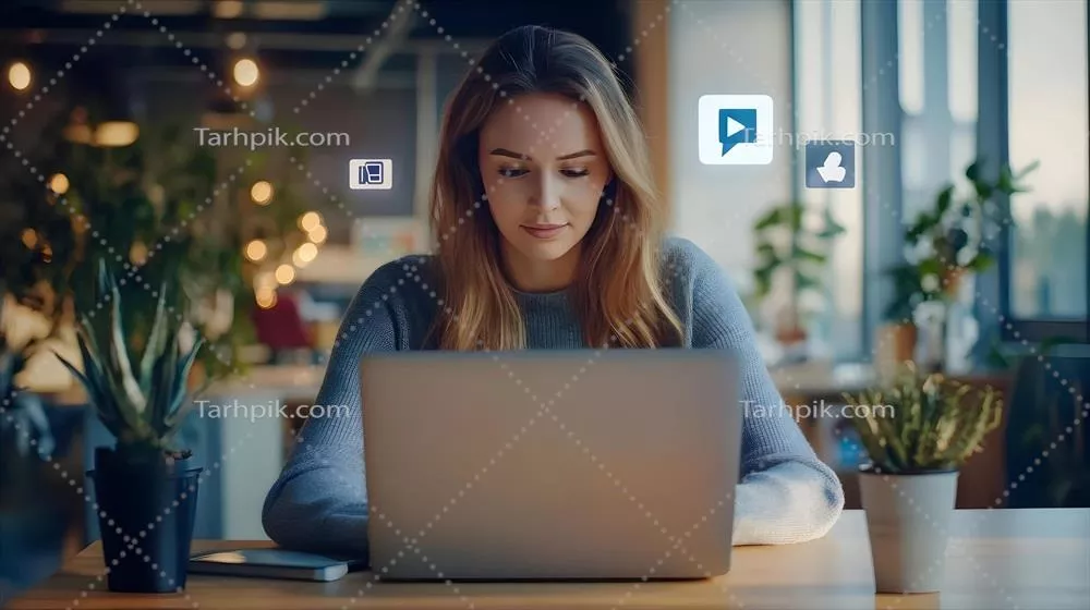 زن جوان و متمرکز قفقازی در حال کار عمیق با لپ‌تاپ در دفتر مدرن با نمادهای اجتماعی مجازی