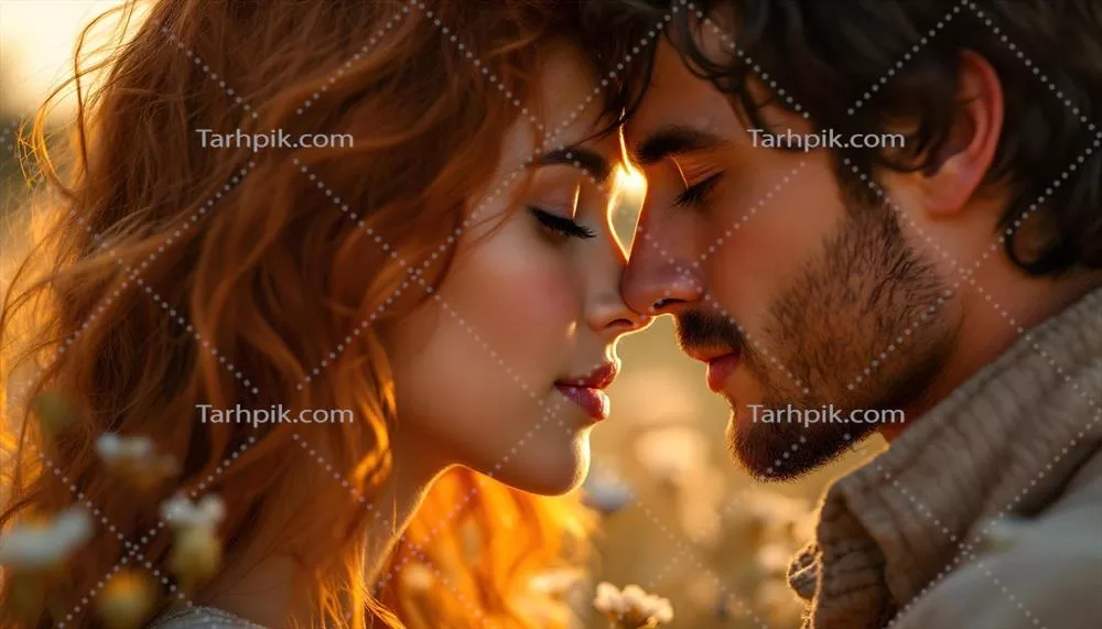پرتره سینمایی نزدیک از یک زوج جوان عاشق در غروب آفتاب با استفاده از هوش مصنوعی