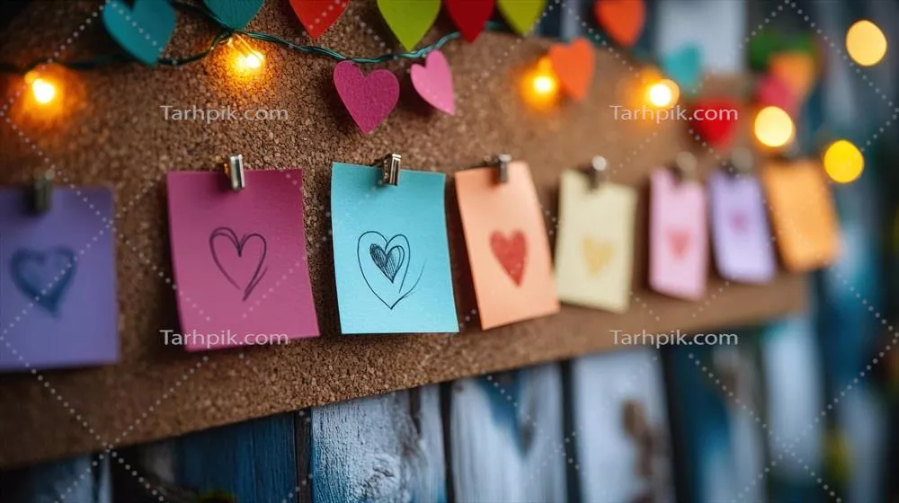 یادداشت های قلبی با رنگهای شاد بر روی تخته چوبی و نورهای زنجیرهای در فضایی بازیگوش و عاشقانه