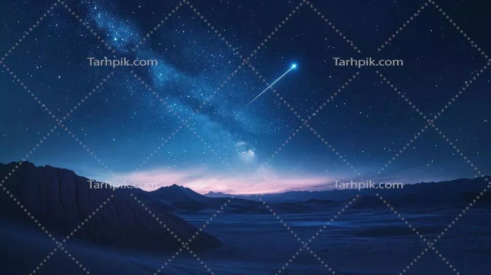 آسمان ستاره‌ای شب بر روی تپه‌های شنی با شهاب‌سنگ و کهکشان راه شیری: الهام‌بخش هنر نجوم و عکاسی شب