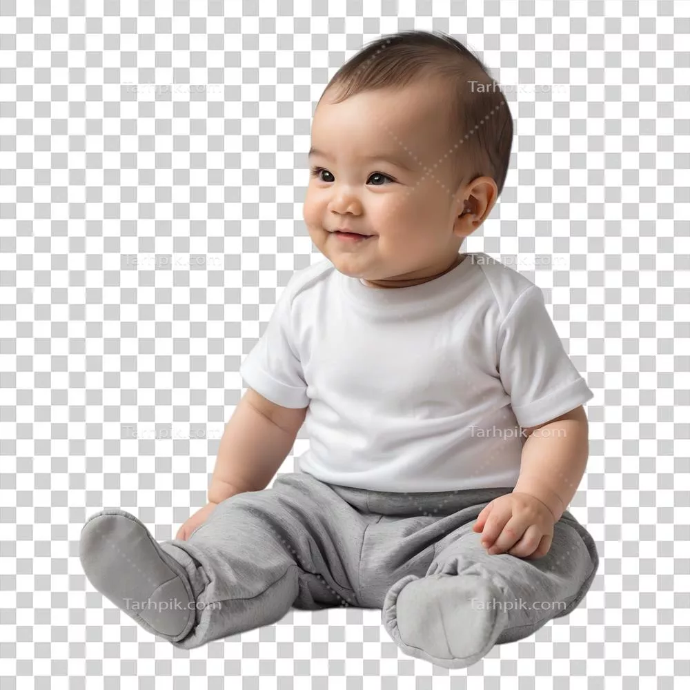نوزادی که روی زمین نشسته و شلوار خاکستری پوشیده است