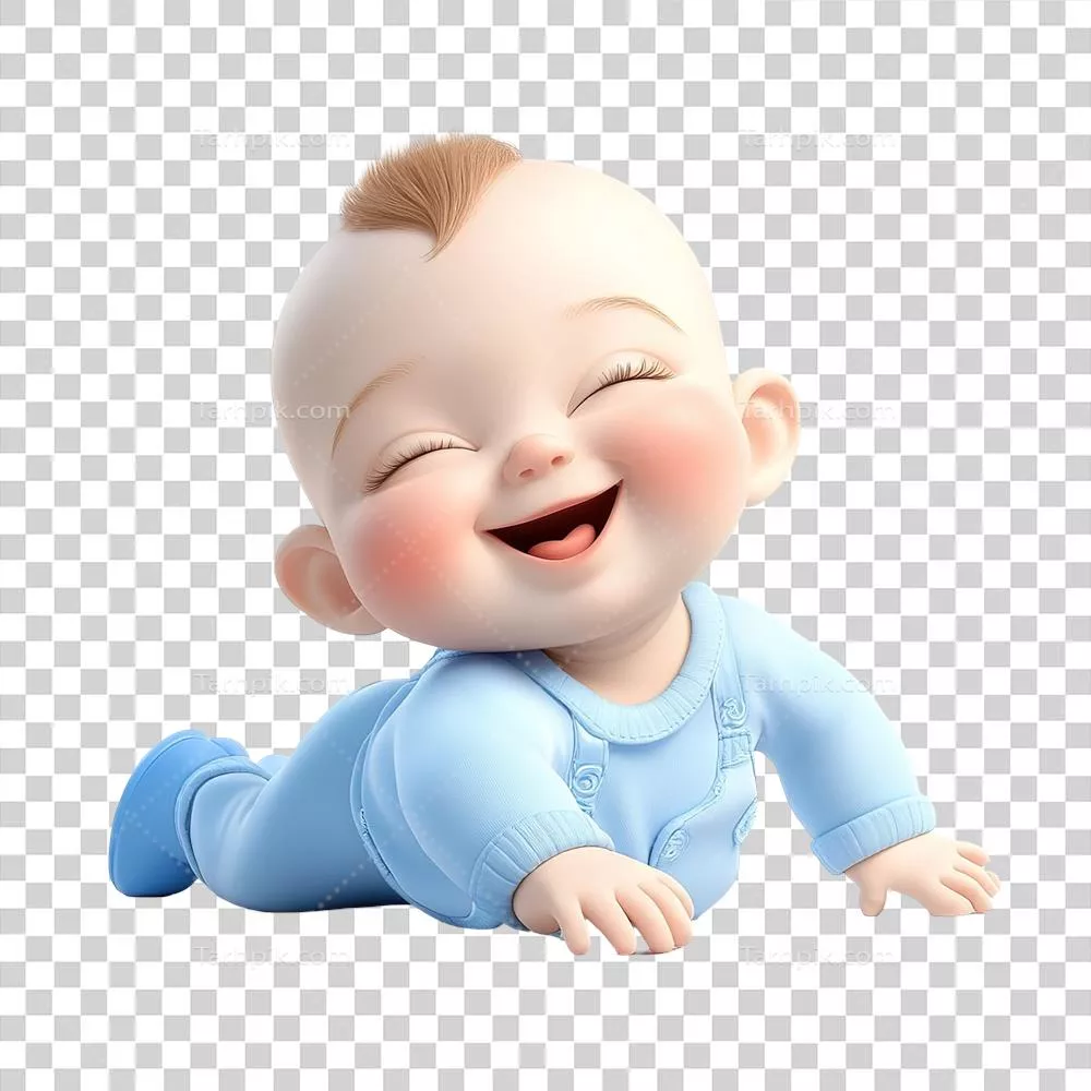 پسربچه شاد با لباس آبی دراز کشیده و در حال لبخند زدن