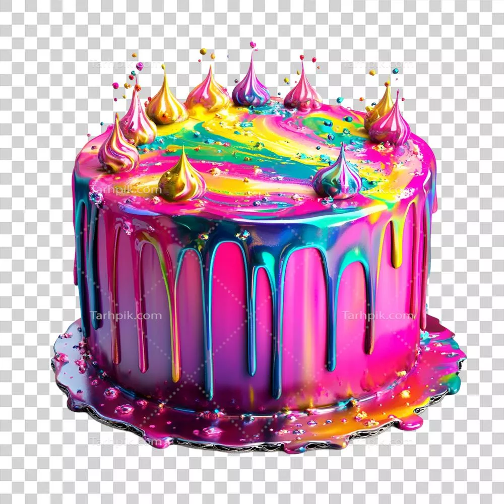 کیک با رویه رنگین کمانی بر روی زمینه شفاف و زیبا