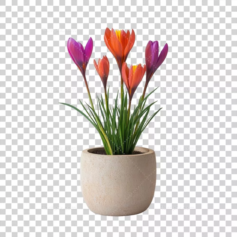 گیاه زعفران در گلدان تزئینی بر روی پسزمینهای شفاف و تمیز برای زیبا سازی دکور منزل