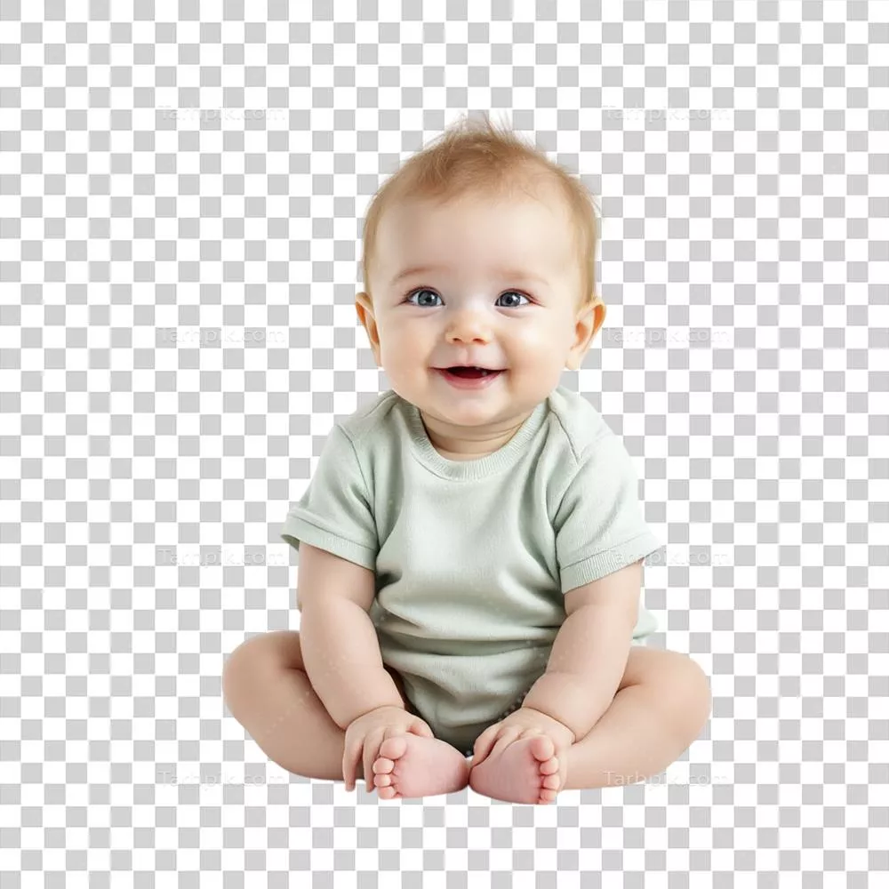 کودکی با پیراهن سبز بر روی زمین نشسته است
