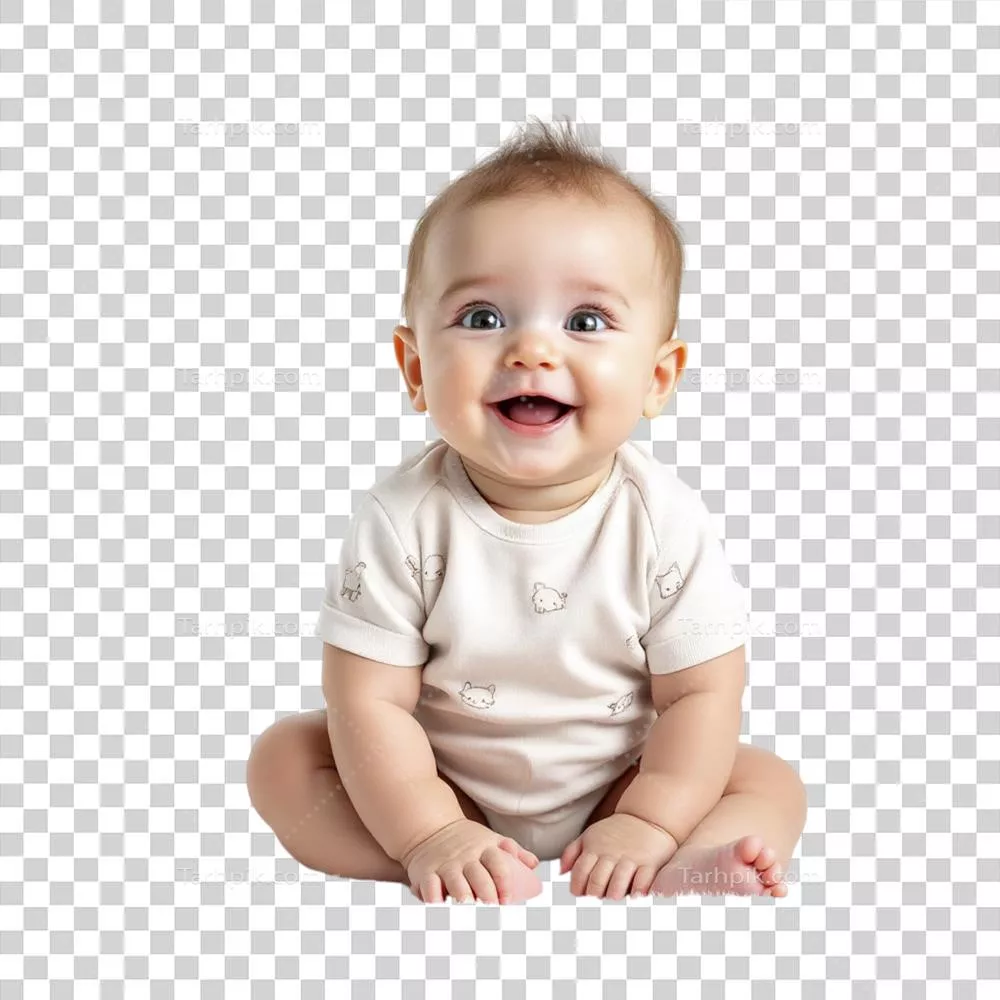 کودکی که روی زمین نشسته و با لبخندی زیبا به دوربین نگاه میکند