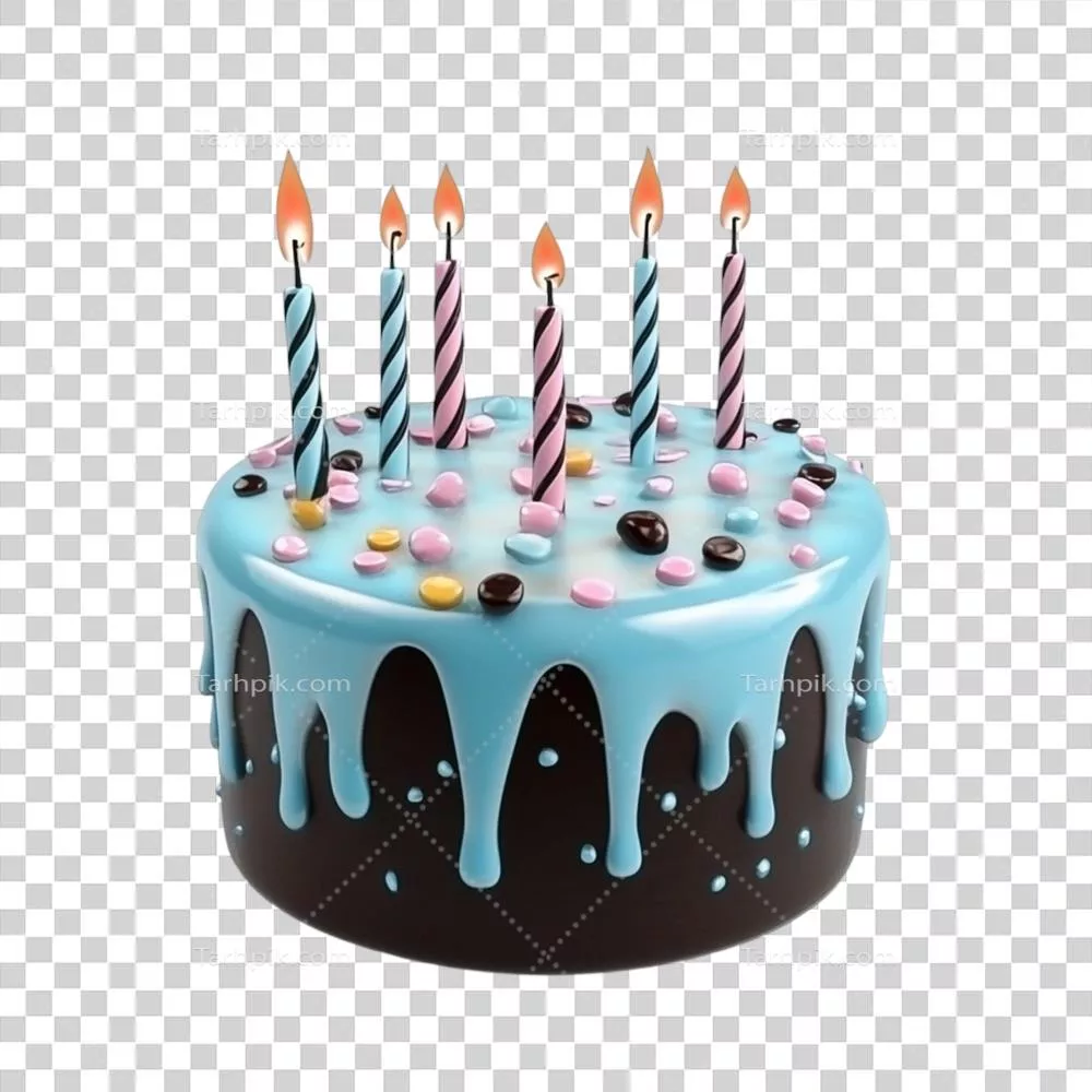 کیک زیبای آبی و قهوه ای با ریزش شکلات و شمع ها در جشن تولد