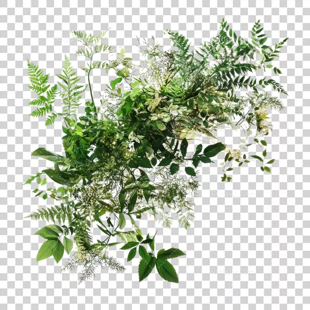 نمایش زنده و متنوع از گیاهان سبز و شاخ و برگ لطیف در پسزمینه شفاف زیر نور طبیعی