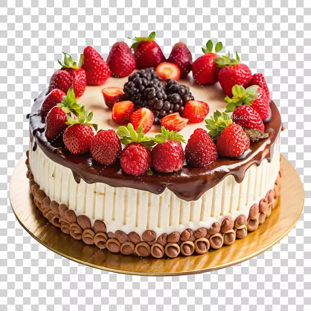 کیک شکلاتی خوشمزه تزئین شده با توت فرنگی، توت و زغال اخته تازه
