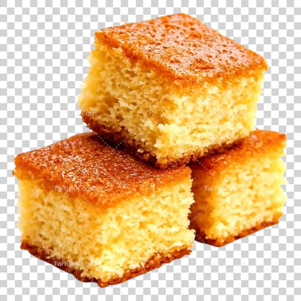 مربعی های کیک طلایی و تازه پخته شده به صورت استک شده