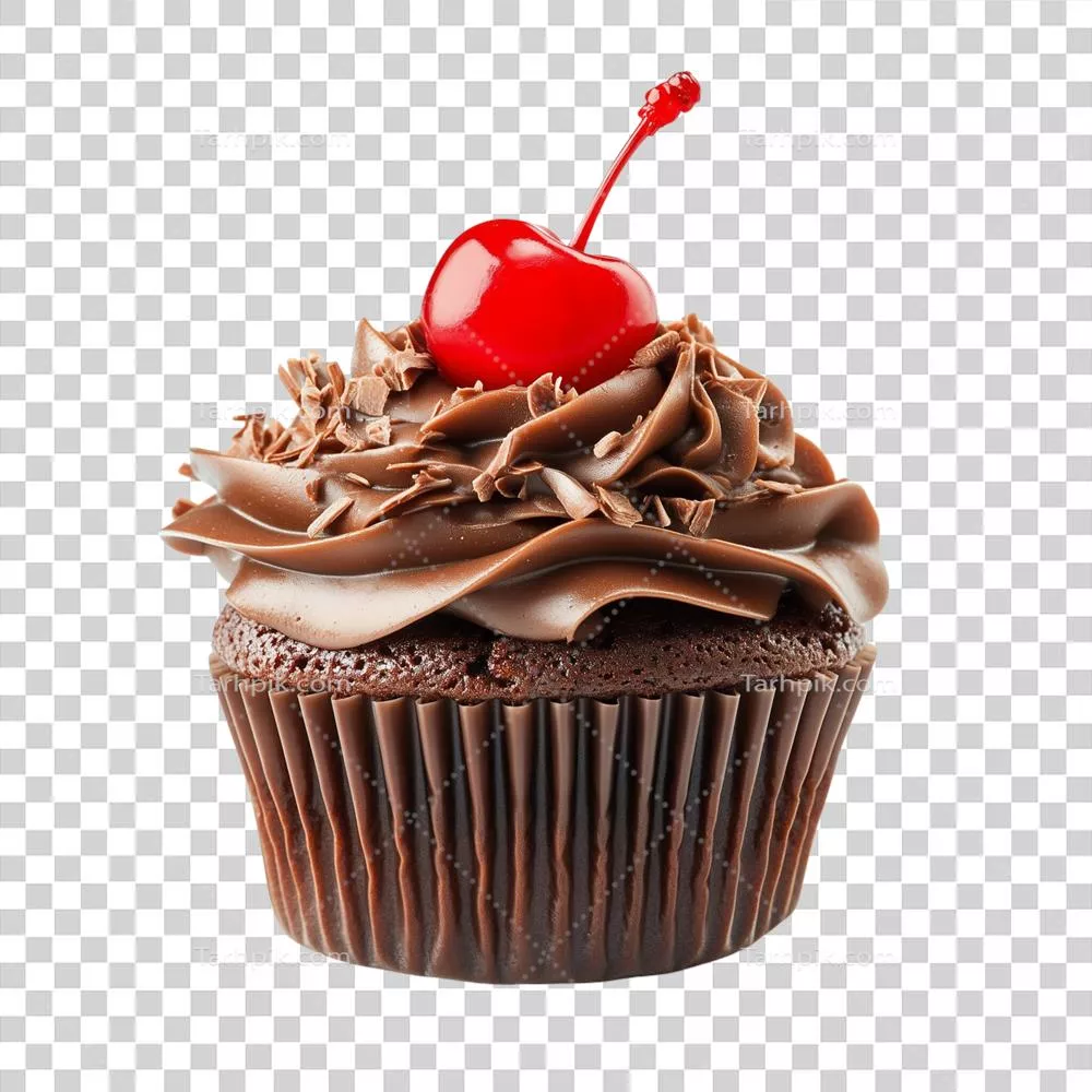 مقدار زیادی خوشمزه و فریبنده: کاپ کیک شکلاتی با چری بر روی آن در پس زمینه شفاف